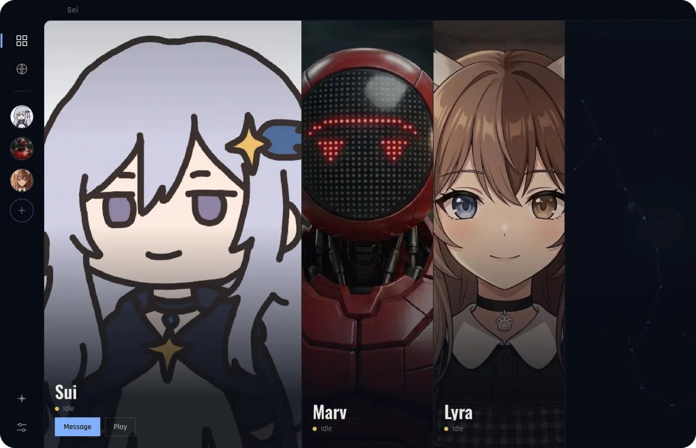 The Sei app home screen with three companions, Sui, Marv, and Lyra, each with their own portrait