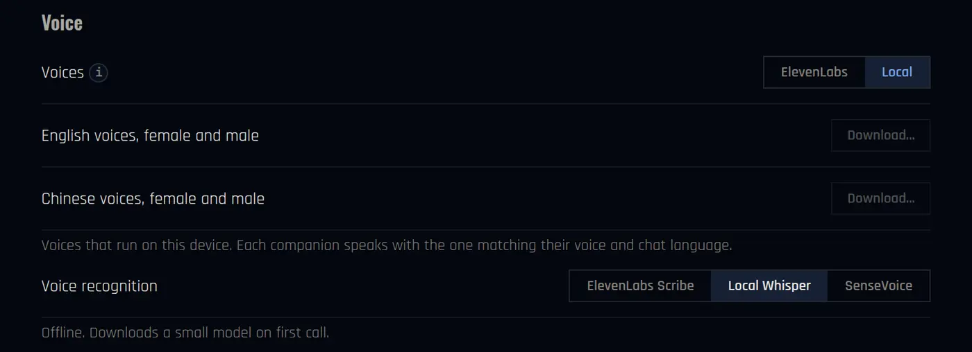 Settings, Voice section, with Voices set to Local, Download buttons for English and Chinese voices, and Voice recognition set to Local Whisper
