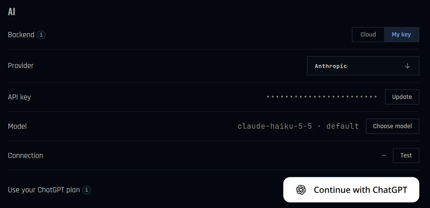 Settings, AI section, with Backend set to My key, provider Anthropic, API key, model and connection test rows