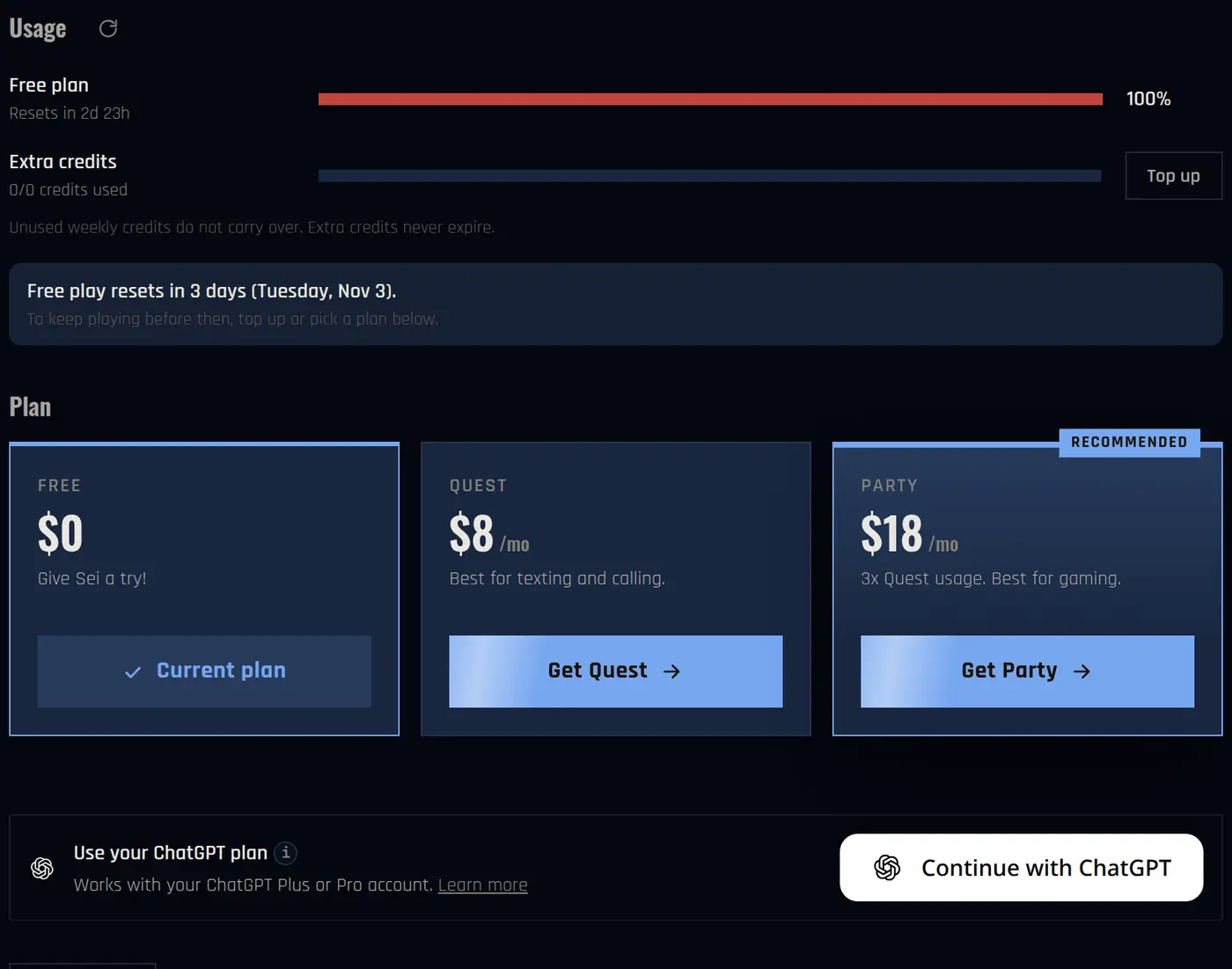 The plan screen: weekly usage bar, extra credits with a Top up button, and the Free, Quest and Party plans