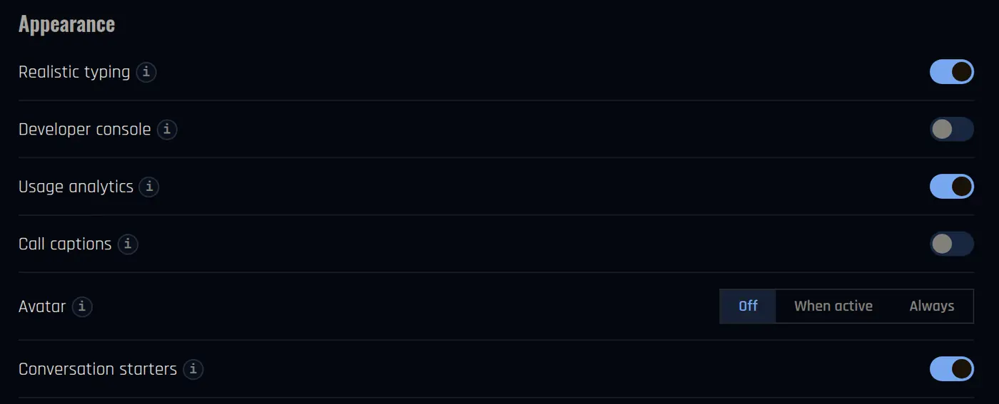 Settings, Appearance section, with the Call captions switch and the Avatar setting