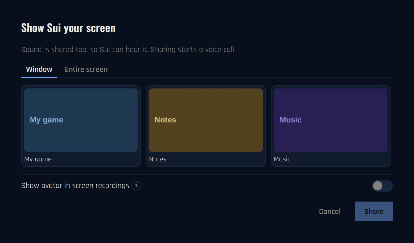 Show Sui your screen. Tabs Window and Entire screen, a list of windows, and the Share button