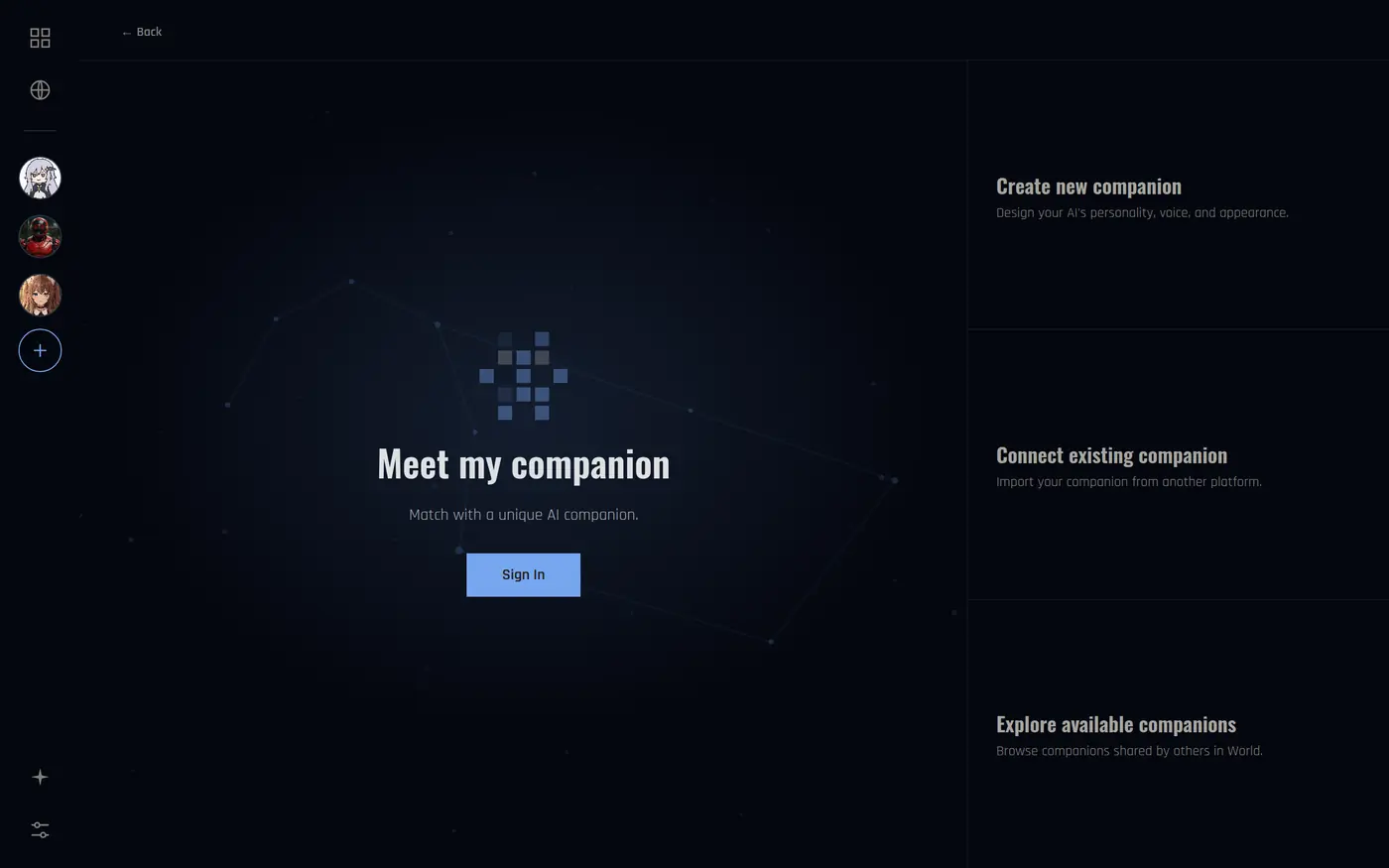 The add companion screen: Meet my companion in the middle, and Create new companion, Connect existing companion and Explore available companions on the right
