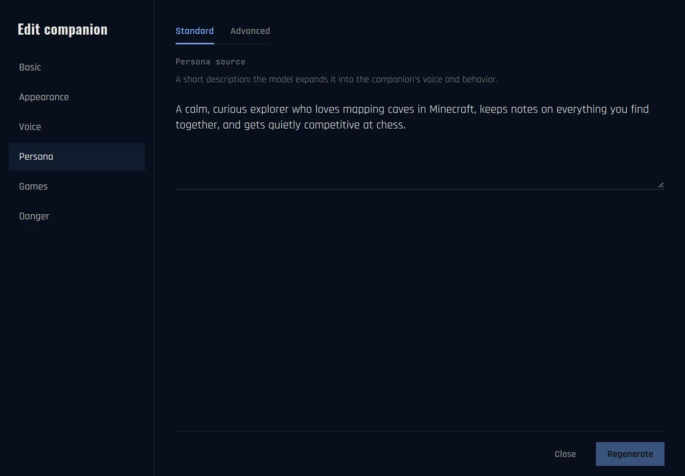Edit companion, Persona section, in Standard mode with the Persona source text box and the Regenerate button