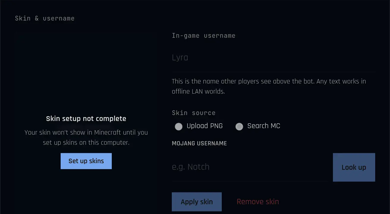 The Skin and username box: in-game username, skin source Upload PNG or Search MC, a Minecraft username field, and the Apply skin button