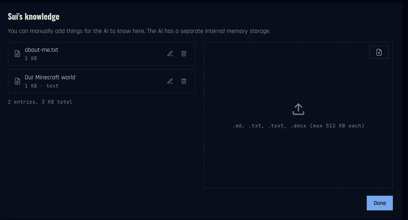 Sui's knowledge with two entries, about-me.txt and Our Minecraft world, and an upload area