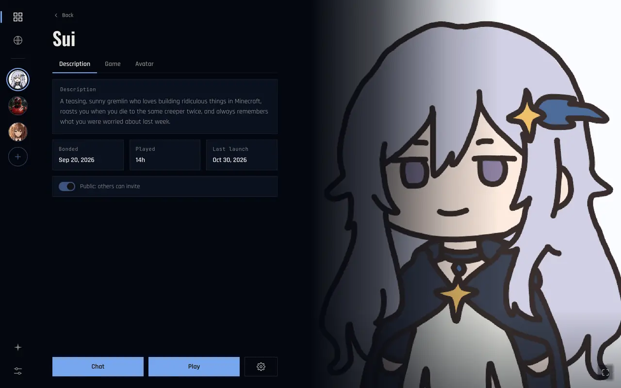 Sui's companion page with her description, details, and the Chat and Play buttons