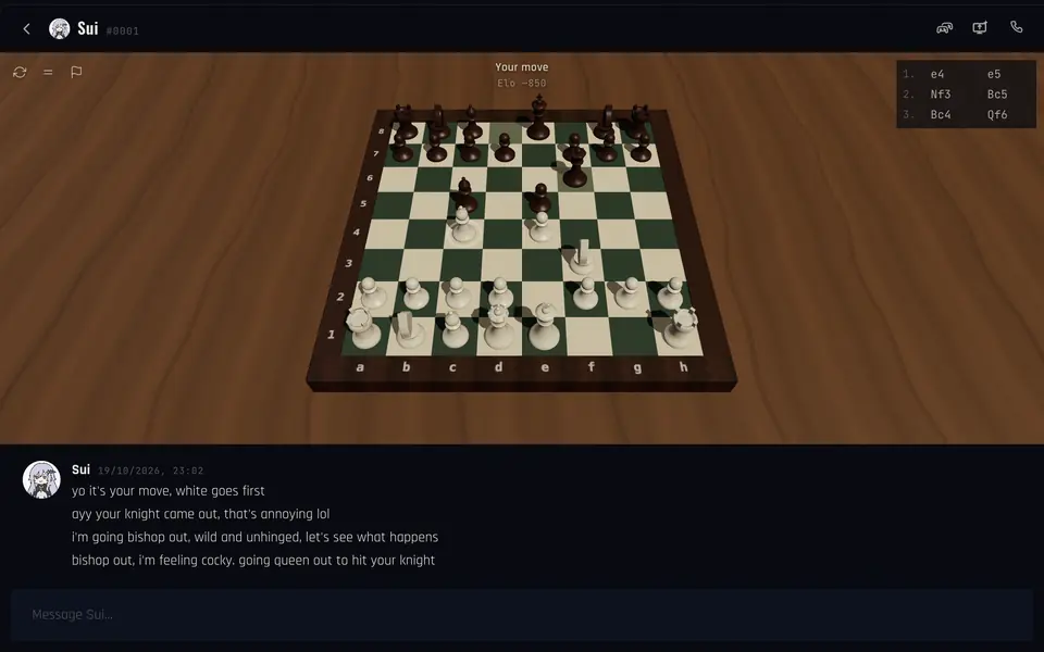 A chess game against Sui with her comments in the chat below the board