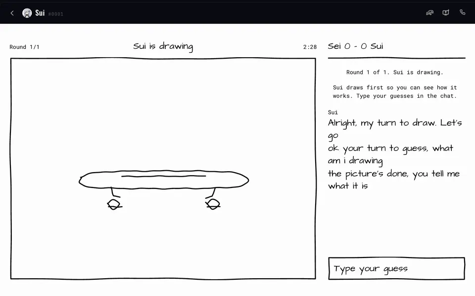 Draw! with Sui drawing a skateboard on the canvas and chatting on the right