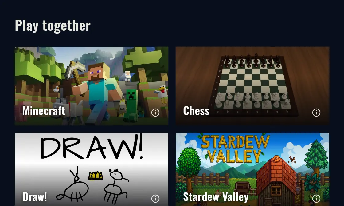 The Play together screen with Minecraft, Chess, Draw! and Stardew Valley