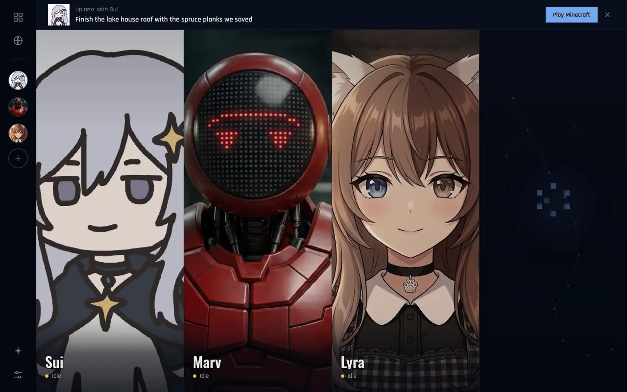 The Sei home screen showing three companions, Sui, Marv and Lyra, with an Up next suggestion at the top