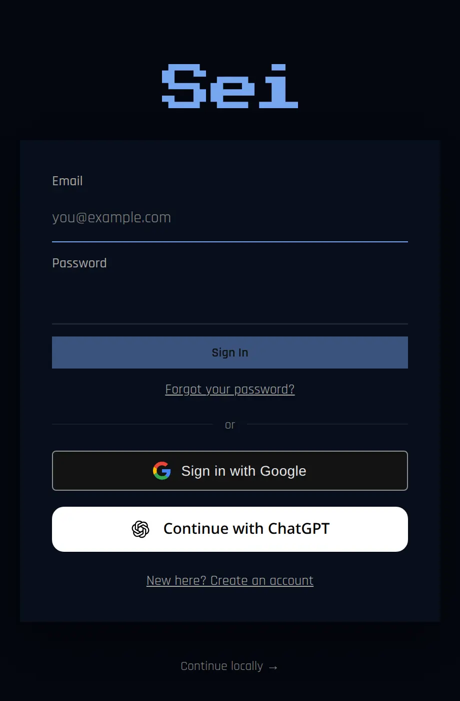 The Sei sign-in screen with email and password fields, Sign in with Google and Continue with ChatGPT
