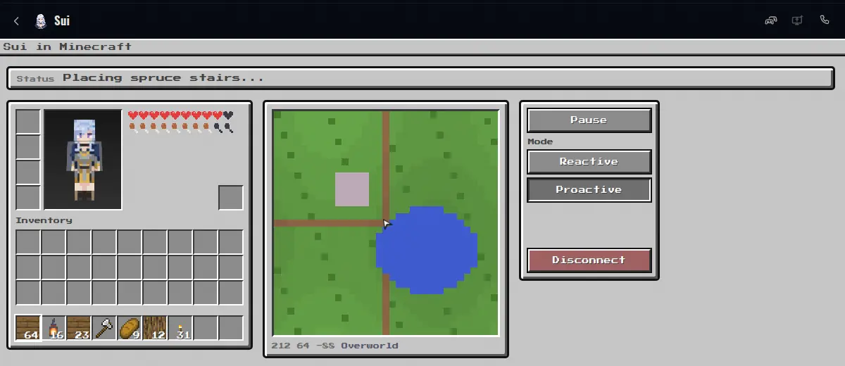 The Minecraft panel in Sei: status line, health and inventory, a map, and the Pause, Reactive, Proactive and Disconnect buttons
