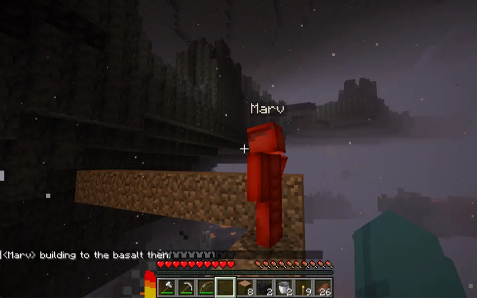 A companion named Marv building in a Minecraft world, seen from the player's view