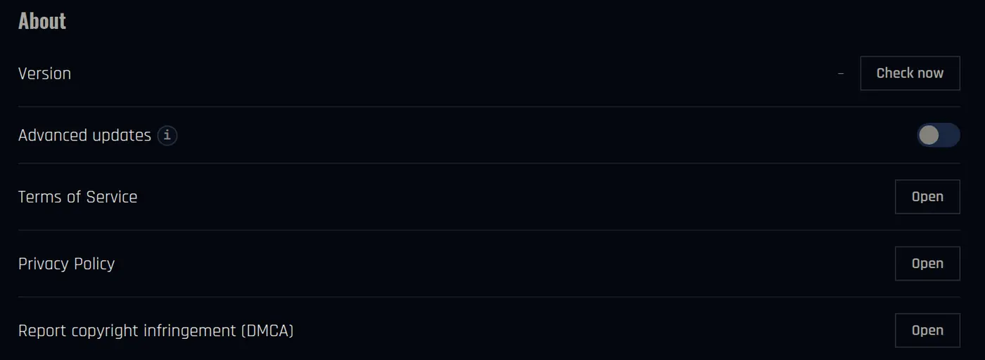 Settings, About section, with Version, Check now and Advanced updates