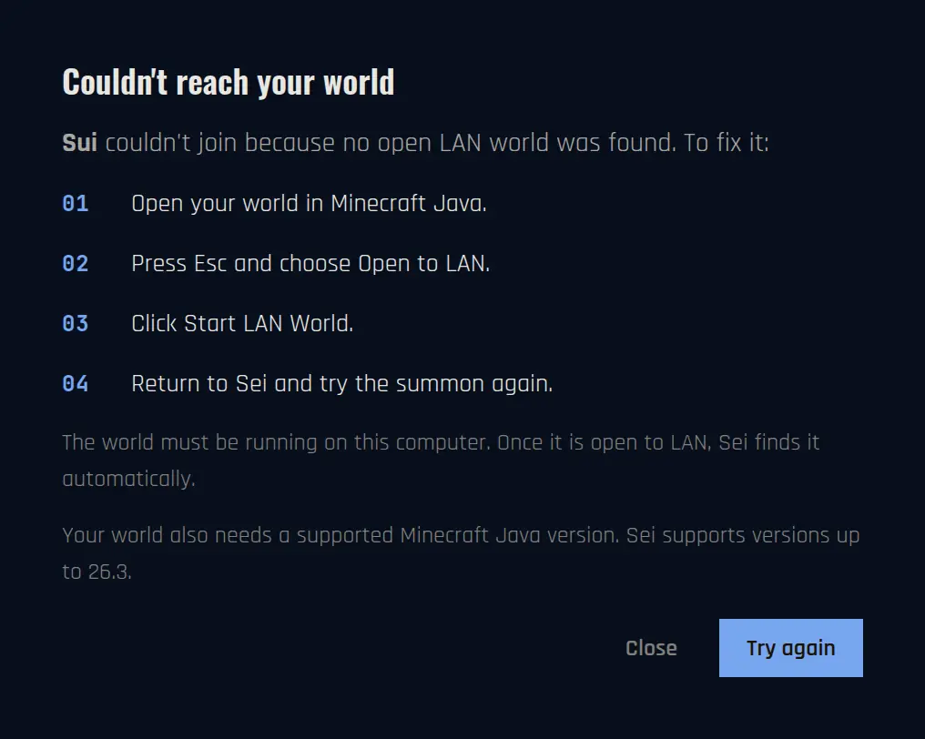 Couldn't reach your world. Sui couldn't join because no open LAN world was found, with steps and a Try again button