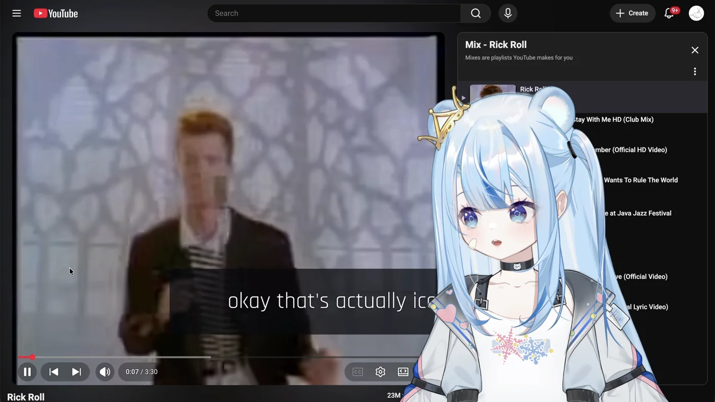 A Sei character watching a YouTube video alongside you on a shared screen and reacting to it