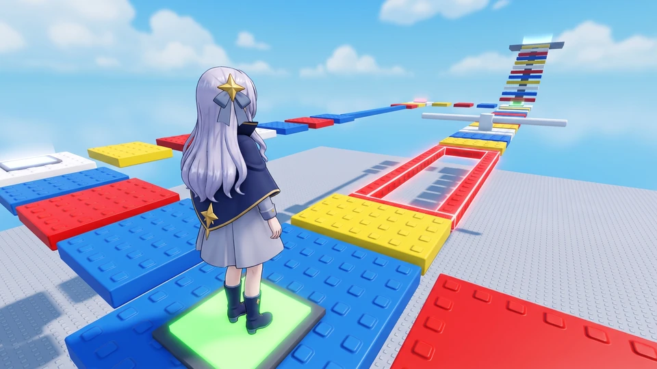 Sui, a lavender-haired anime companion, stands on a glowing green checkpoint in a colourful obstacle course of studded plastic platforms