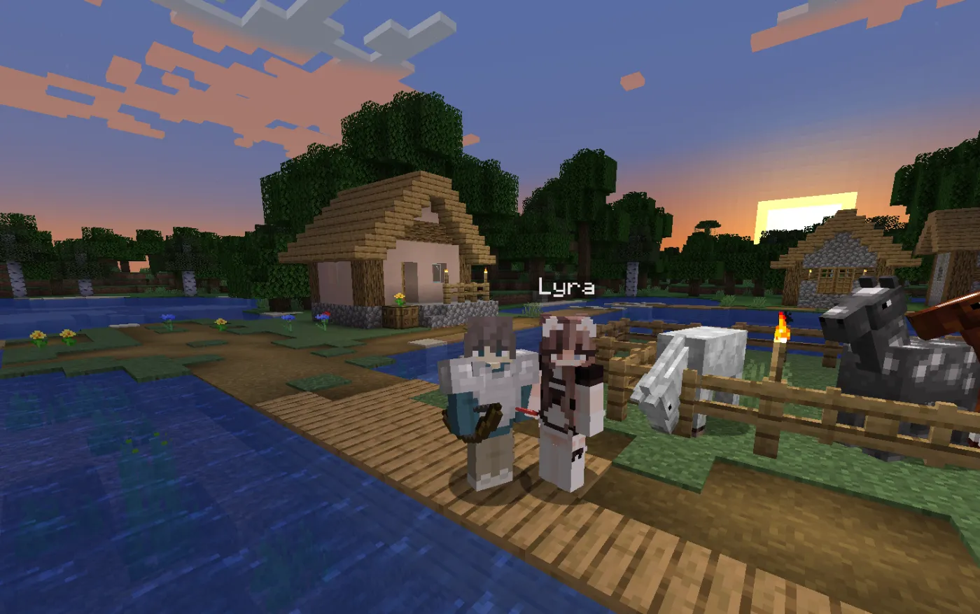 A Sei companion standing beside the player in a Minecraft world at sunset